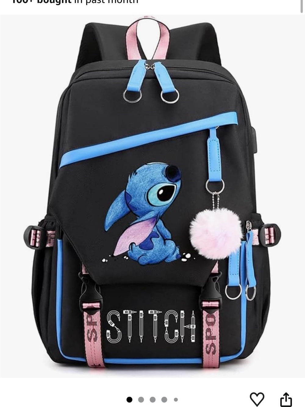 Black laptop Backpack with Blue Stitch Character and Pink Accents. USB